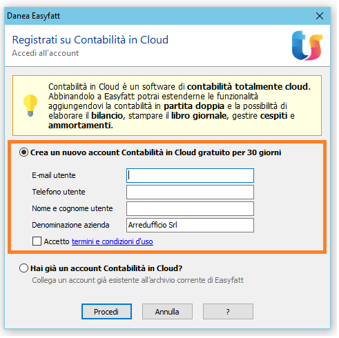 Integrazione Easyfatt e Contabilità in Cloud - registrazione