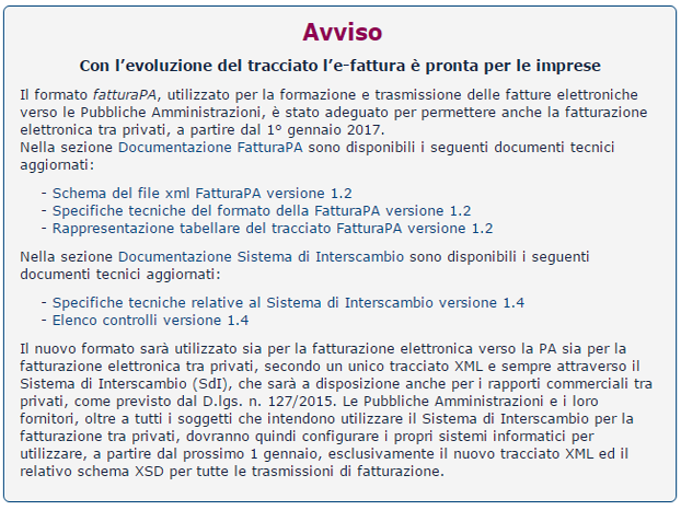 L’avviso pubblicato sul sito fatturapa.gov.it