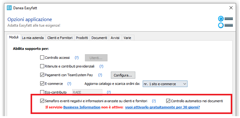 Aggiornamento ver.58 c: attivazione Business Information