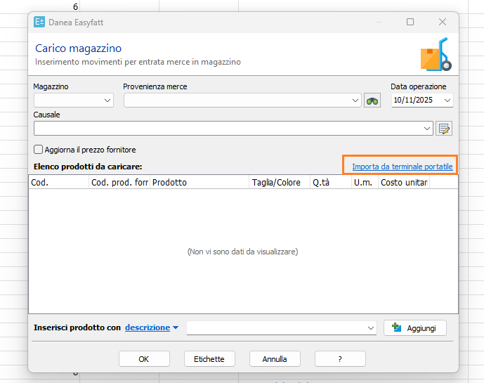 Carico magazzino terminalini easyfatt