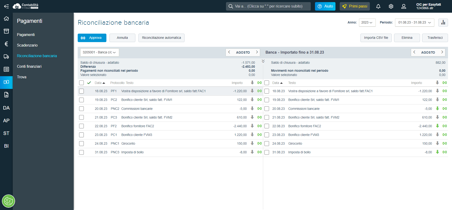 Esempio riconciliazione bancaria con Easyfatt e Contabilità in Cloud