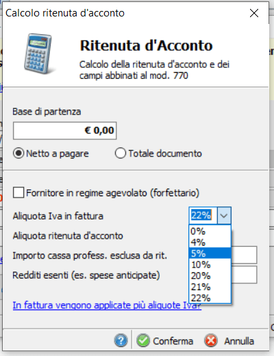 Calcolo ritenuta acconto 5%